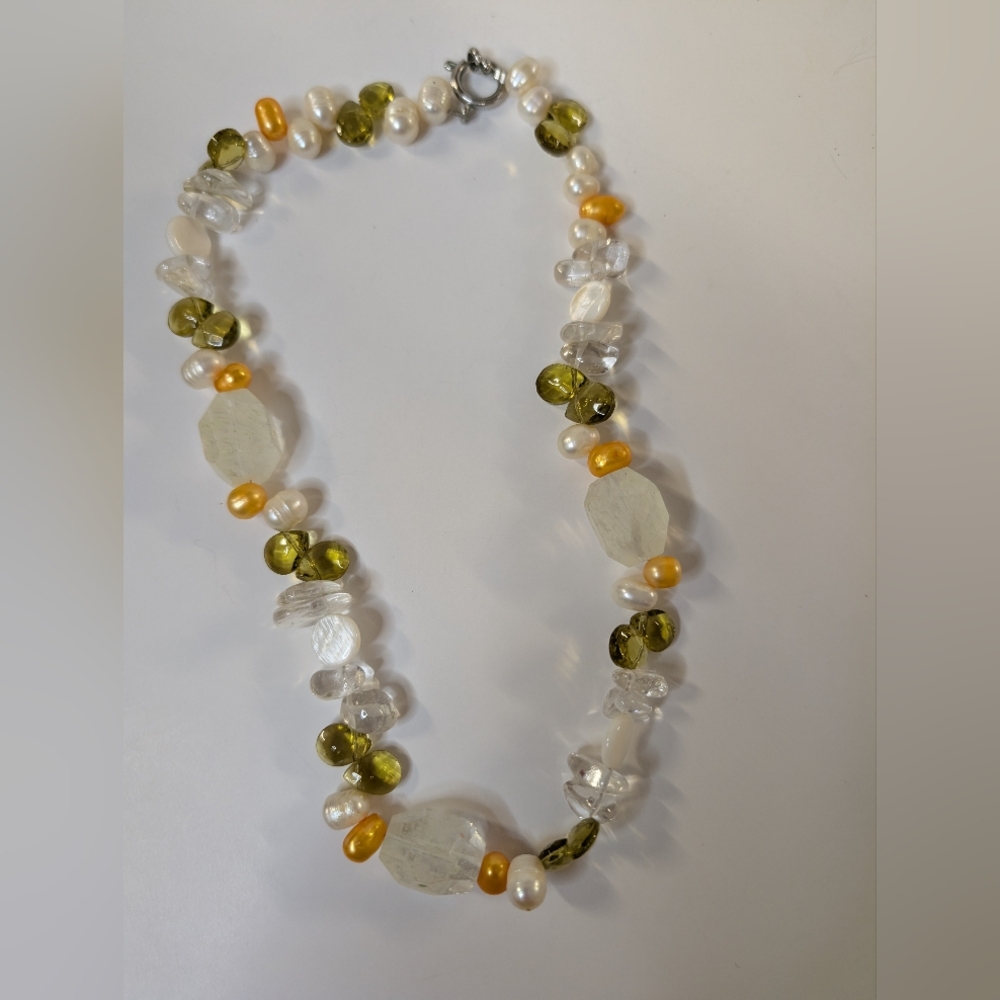 Peridot, Freshwater Pearl, Rock Crystal All Natural Multicolor Beaded Necklace